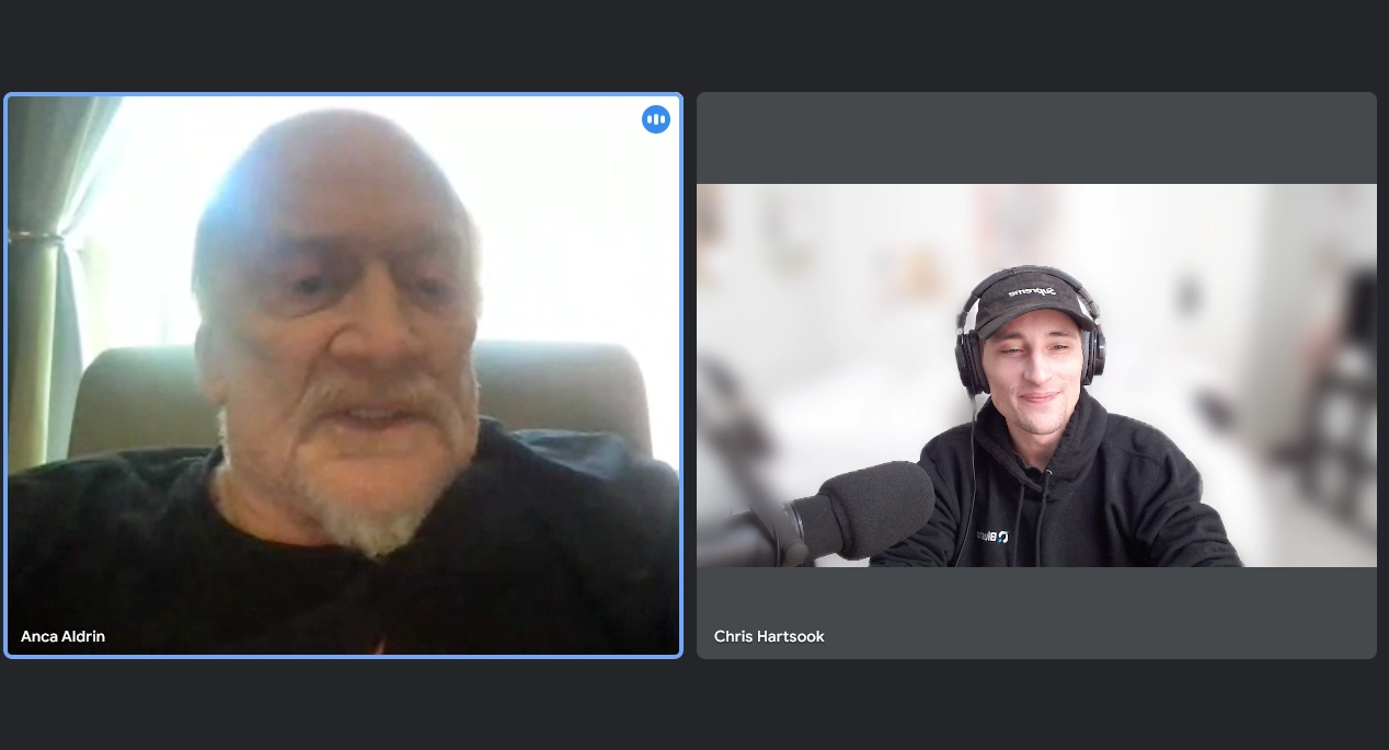 Chris Hartsook on a video call with Buzz Aldrin during Aldrin Family Foundation advisory work
